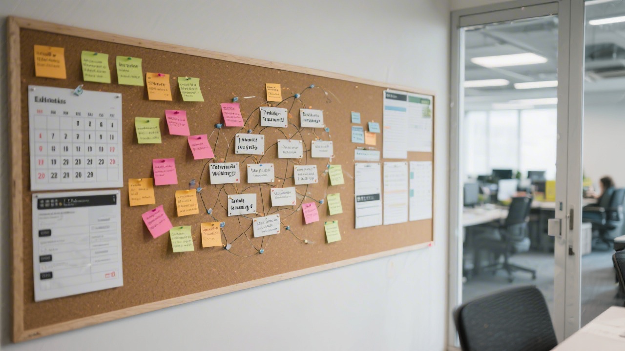Open editorial planning board with calendar, sticky notes, and topic clusters, showing a structured workflow for content planning in a modern office environment.